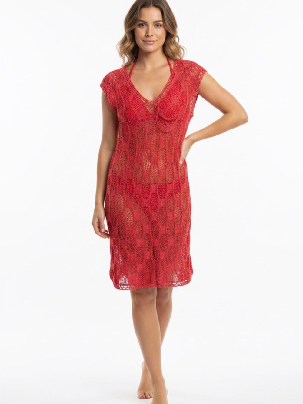 Miss Kelly Red Swimsuit Cover Up- Crochet/Knit Dress